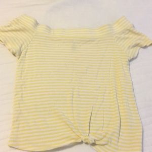 Yellow and white striped off the shoulder top!